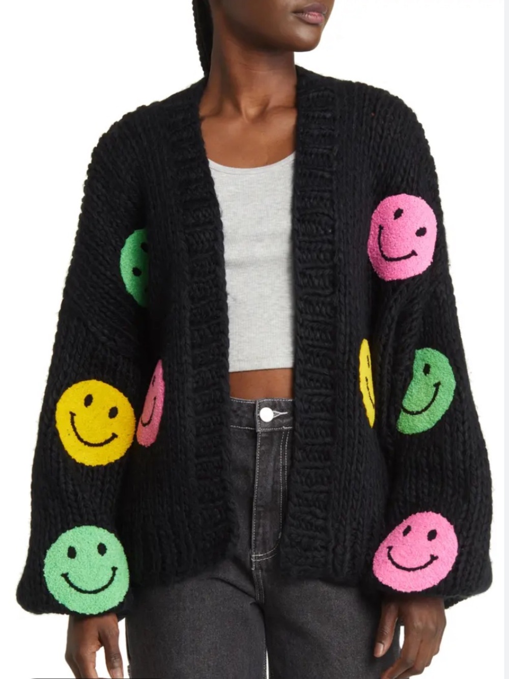 Dressed in Lala Visionary Oversized Open Front Cardigan in Smiley Face S/M NWT